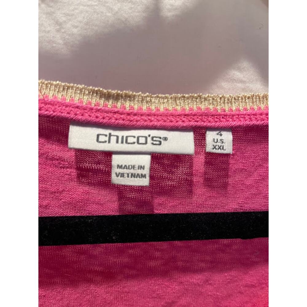 Chico's Shirt 100% Linen Short Sleeve V Neck Pink Gold Sparkle Sz XXL Preppy - Picture 3 of 7